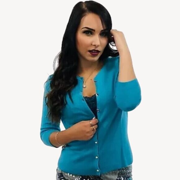 Ann Taylor Blue Cashmere Rhinestone Button Down Cardigan Sweater | Office Siren - Picture 9 of 15